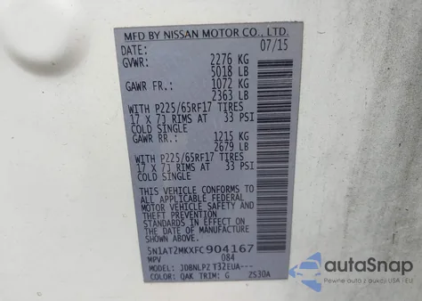 2015 Nissan Rogue S из США, поврежденный, VIN 5N1AT2MKXFC904167